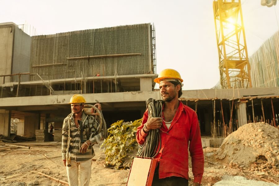 Indian construction workers at a building site